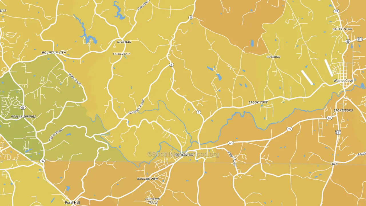 Map of the best neighborhoods in the Germanton area, with better matches in green and worse matches in red