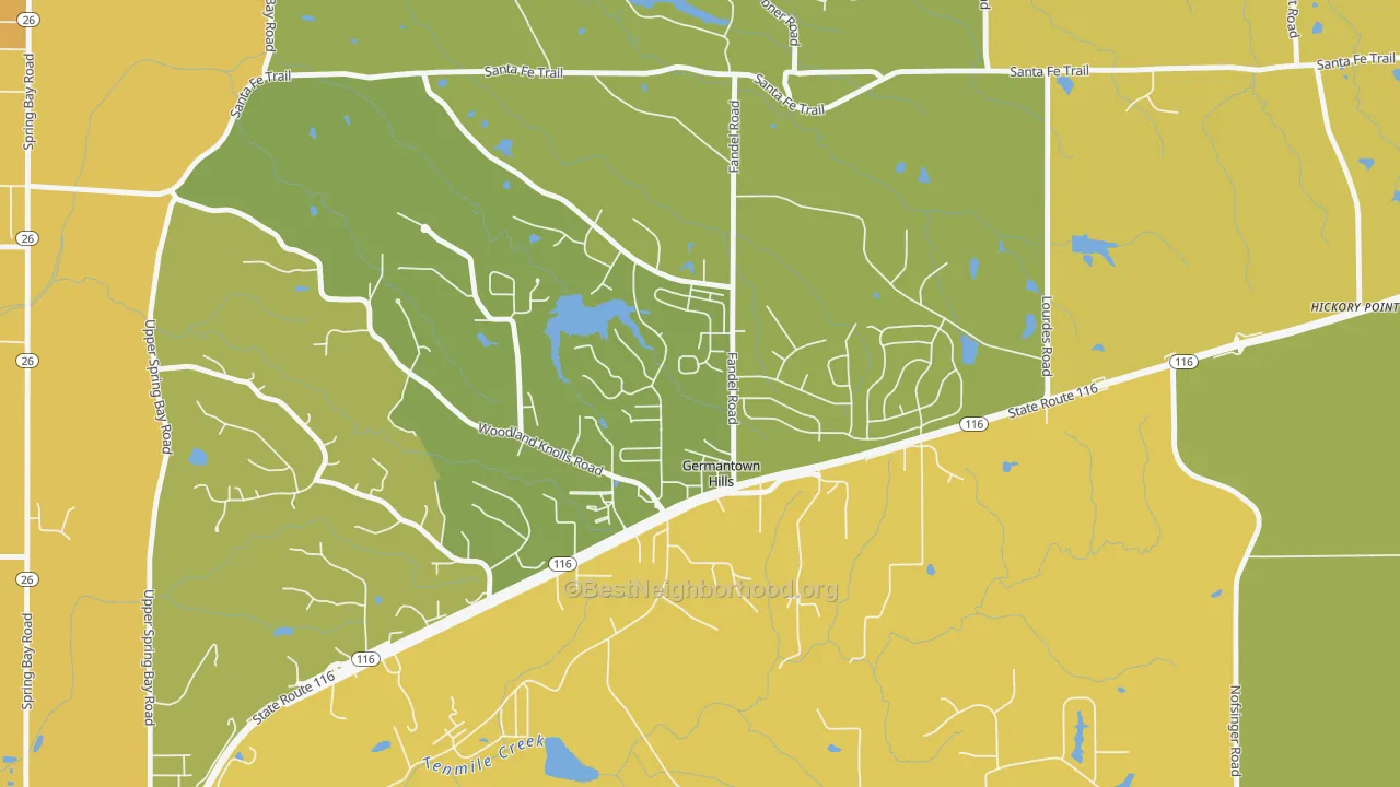 Map of the best neighborhoods in the Germantown Hills area, with better matches in green and worse matches in red