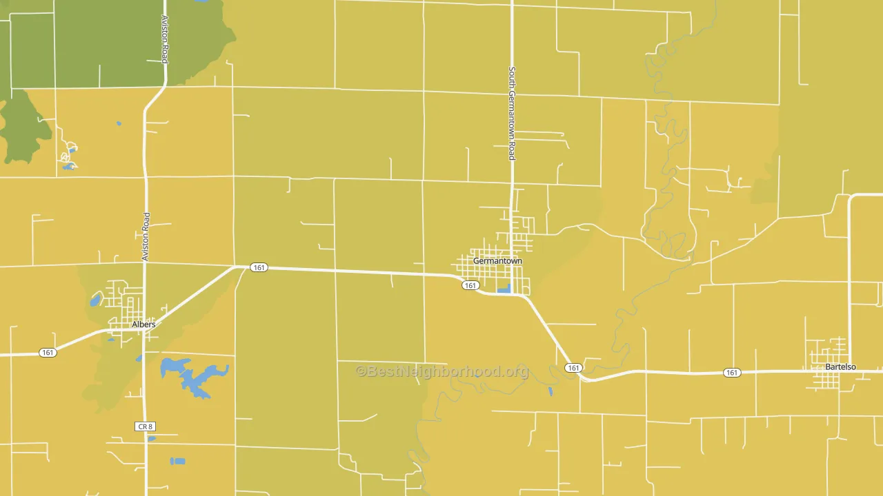 Map of the best neighborhoods in the Germantown area, with better matches in green and worse matches in red