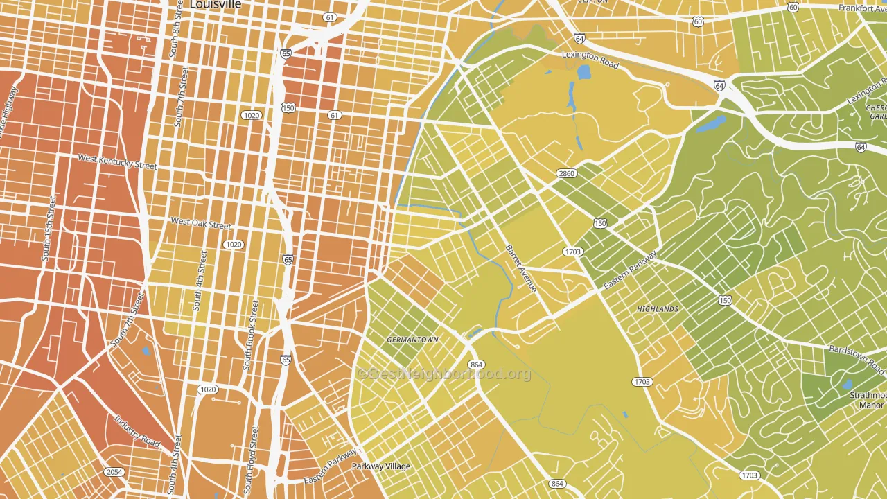 Map of the best neighborhoods in the Germantown, Louisville area, with better matches in green and worse matches in red