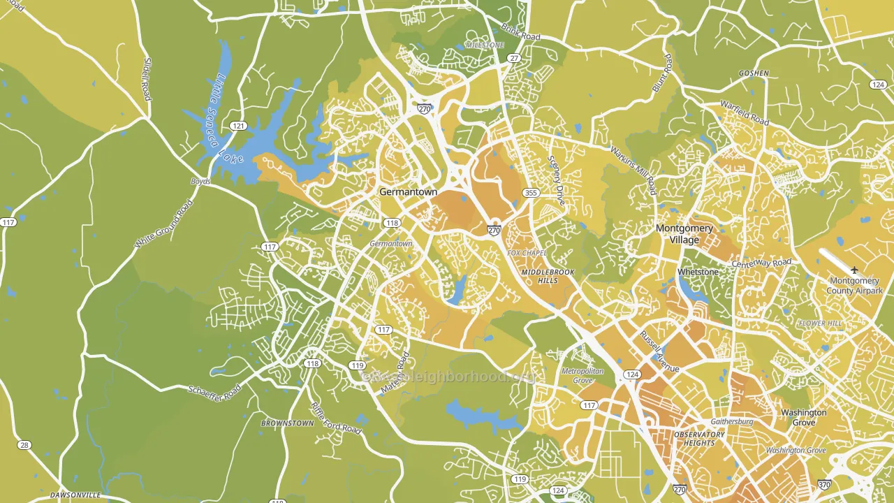 Map of the best neighborhoods in the Germantown area, with better matches in green and worse matches in red