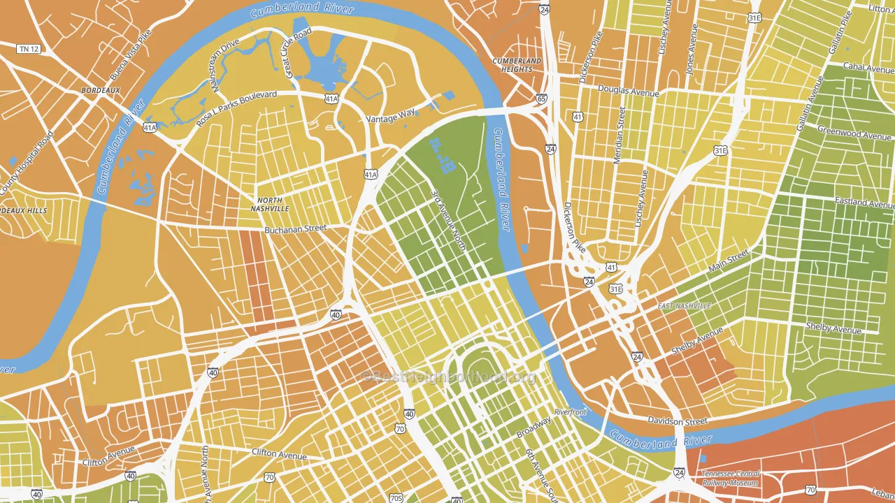 Map of the best neighborhoods in the Germantown, Nashville area, with better matches in green and worse matches in red