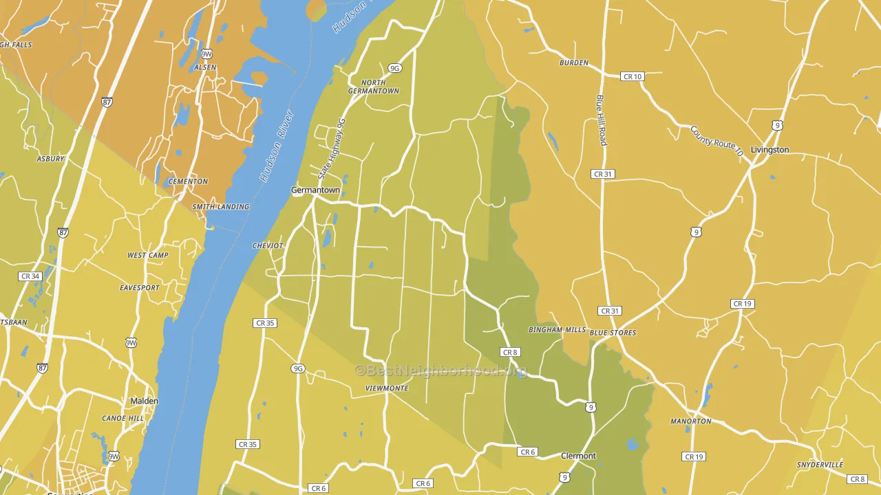 Map of the best neighborhoods in the Germantown area, with better matches in green and worse matches in red