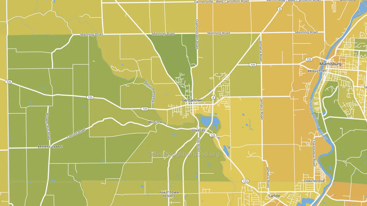 Map of the best neighborhoods in the Germantown area, with better matches in green and worse matches in red