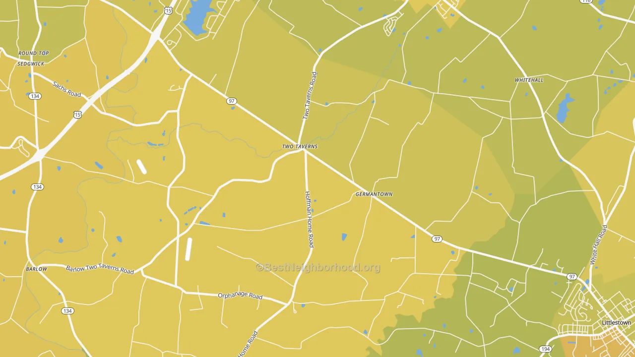 Map of the best neighborhoods in the Germantown area, with better matches in green and worse matches in red