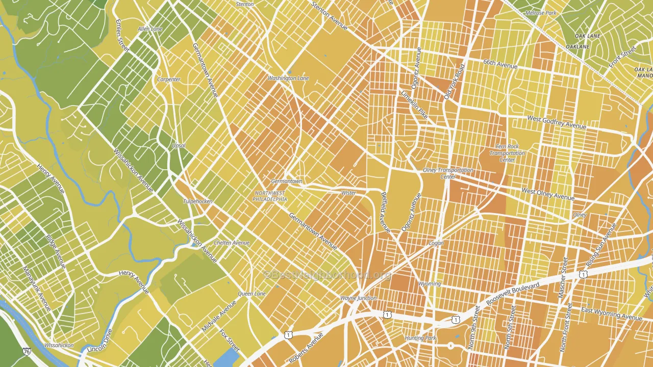 Map of the best neighborhoods in the Germantown, Philadelphia area, with better matches in green and worse matches in red