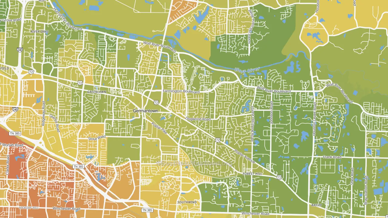 Map of the best neighborhoods in the Germantown area, with better matches in green and worse matches in red