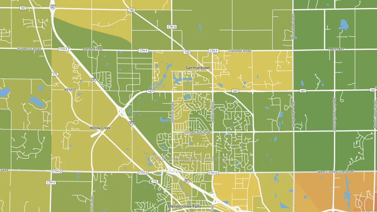 Map of the best neighborhoods in the Germantown area, with better matches in green and worse matches in red