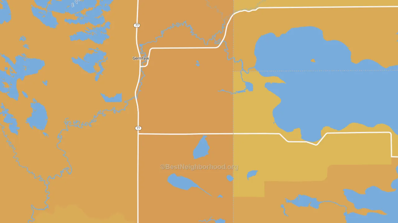 Map of the best neighborhoods in the Germfask area, with better matches in green and worse matches in red