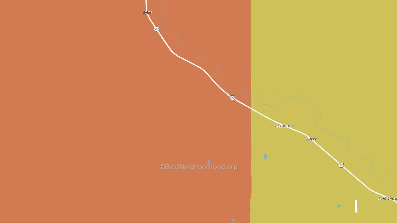Map of the best neighborhoods in the Geronimo area, with better matches in green and worse matches in red