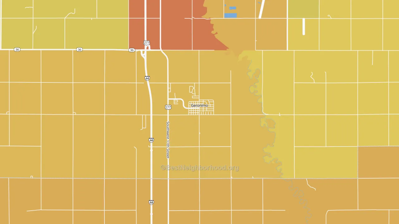 Map of the best neighborhoods in the Geronimo area, with better matches in green and worse matches in red