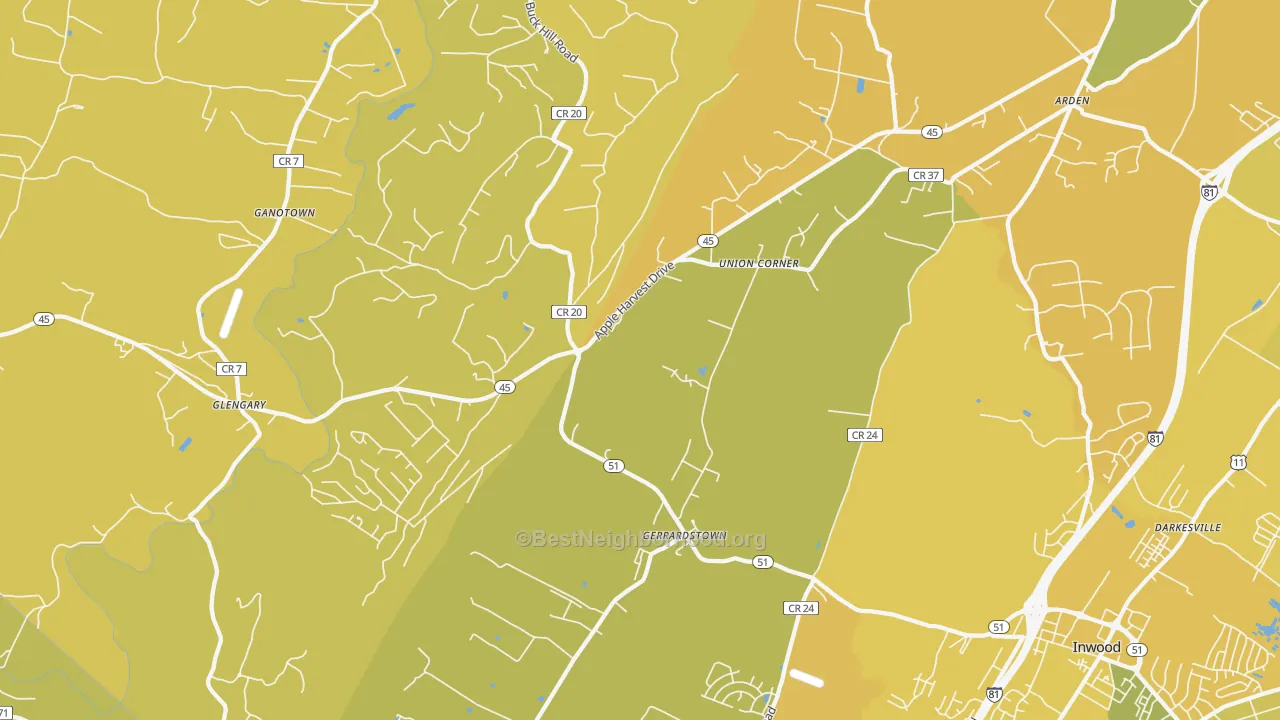 Map of the best neighborhoods in the Gerrardstown area, with better matches in green and worse matches in red