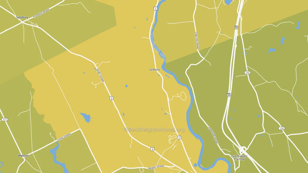 Map of the best neighborhoods in the Gerrish area, with better matches in green and worse matches in red