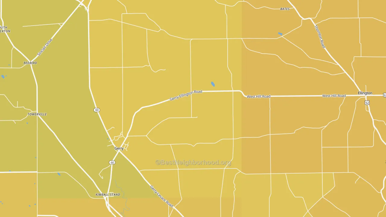 Map of the best neighborhoods in the Gerry area, with better matches in green and worse matches in red