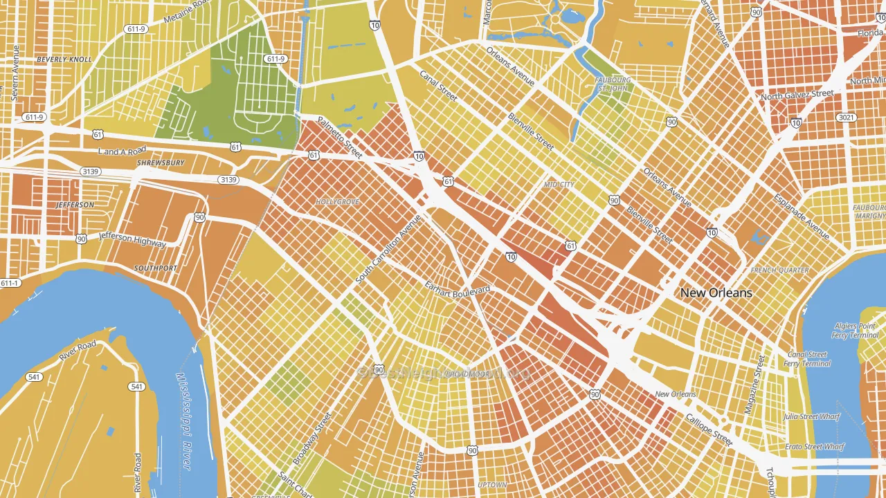 Map of the best neighborhoods in the Gert Town, New Orleans area, with better matches in green and worse matches in red
