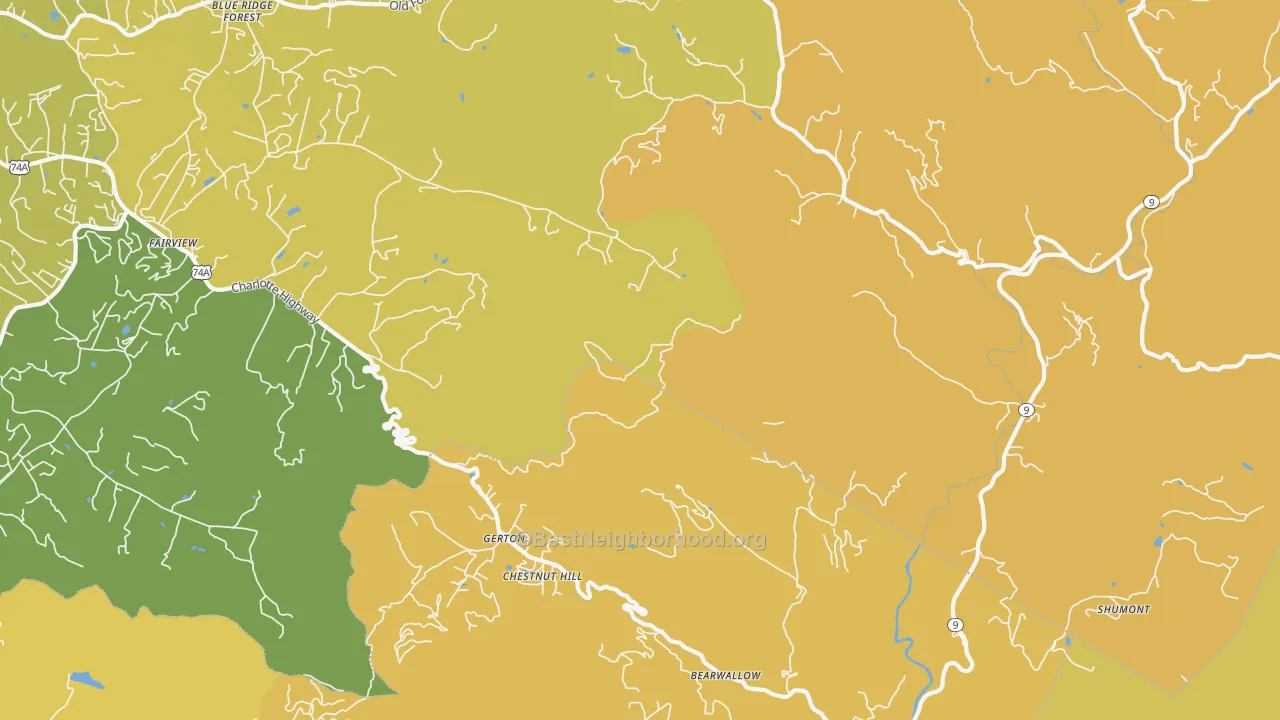 Map of the best neighborhoods in the Gerton area, with better matches in green and worse matches in red