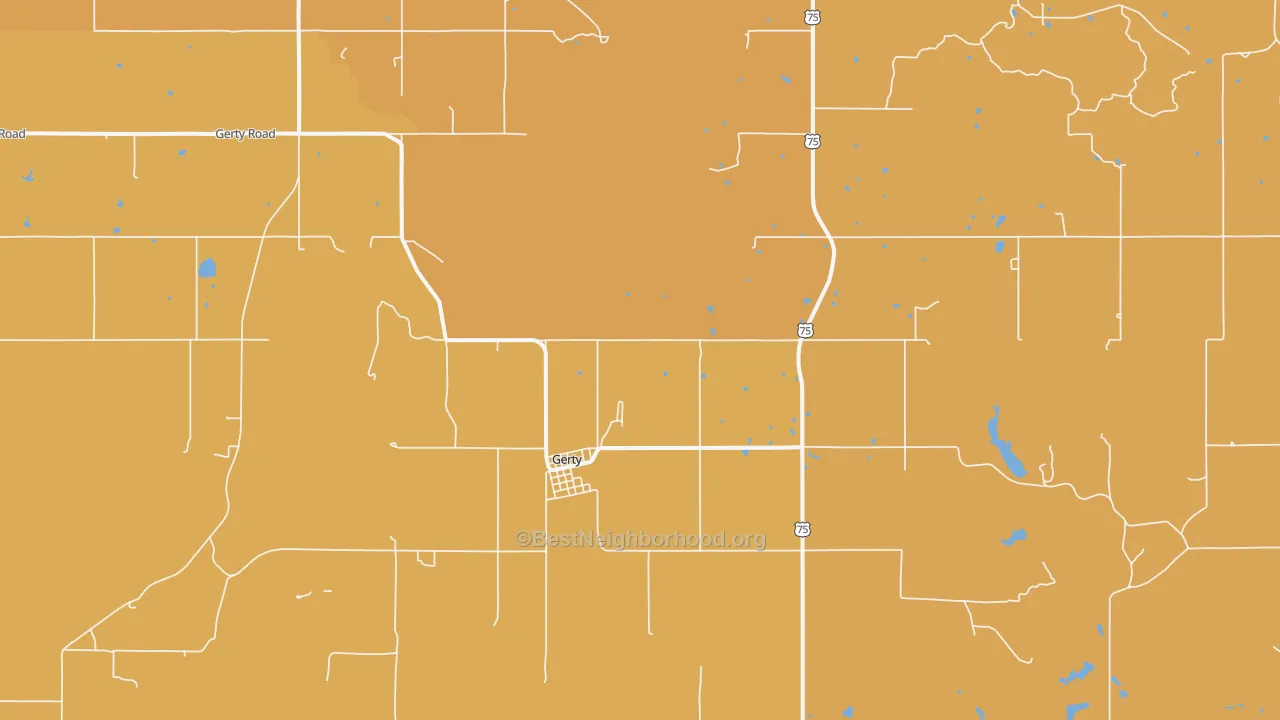 Map of the best neighborhoods in the Gerty area, with better matches in green and worse matches in red