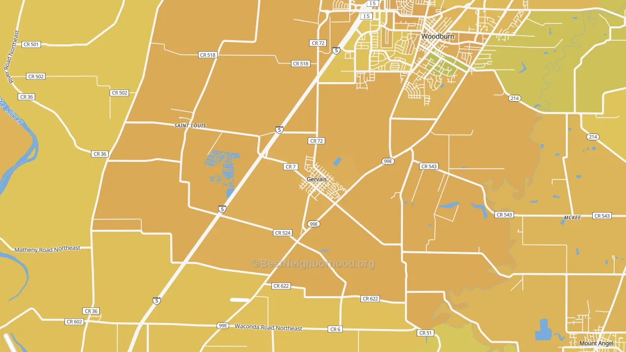 Map of the best neighborhoods in the Gervais area, with better matches in green and worse matches in red