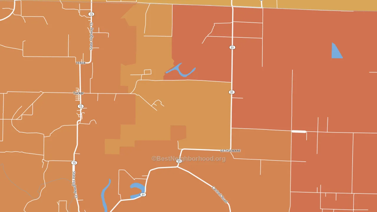 Map of the best neighborhoods in the Gethsemane area, with better matches in green and worse matches in red