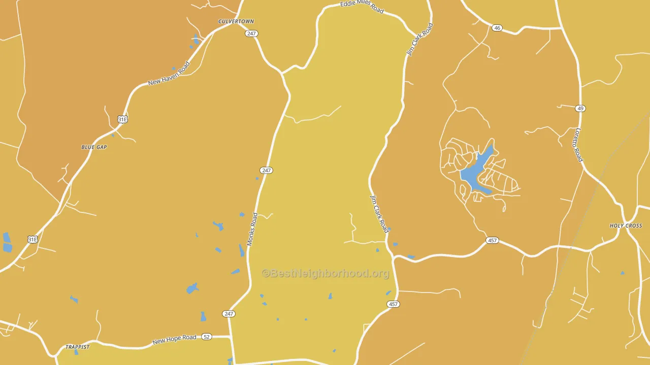 Map of the best neighborhoods in the Gethsemane area, with better matches in green and worse matches in red
