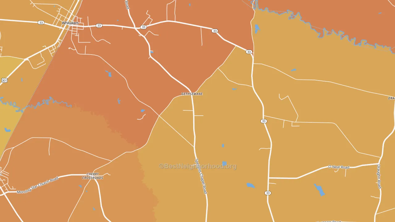 Map of the best neighborhoods in the Gethsemane area, with better matches in green and worse matches in red
