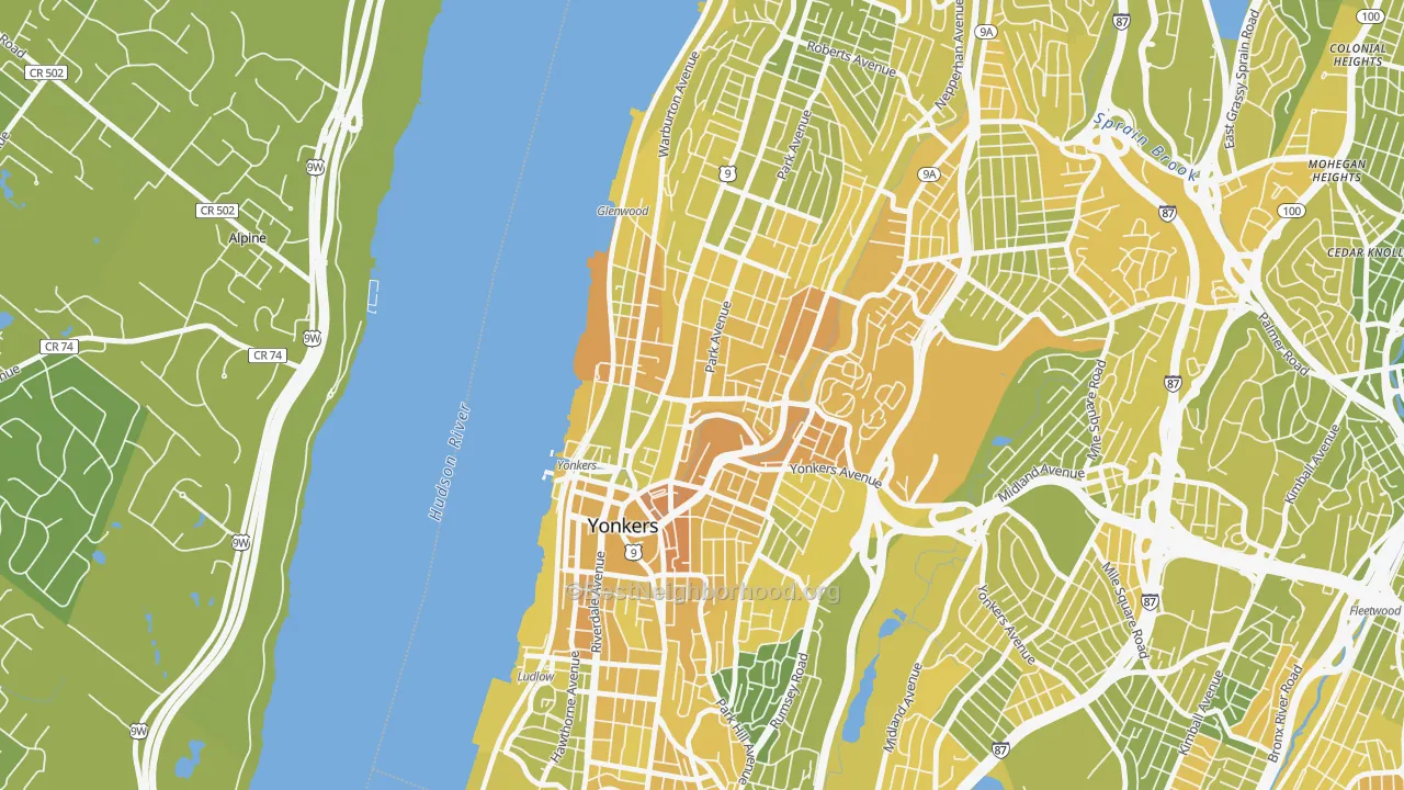 Map of the best neighborhoods in the Getty Square, Yonkers area, with better matches in green and worse matches in red
