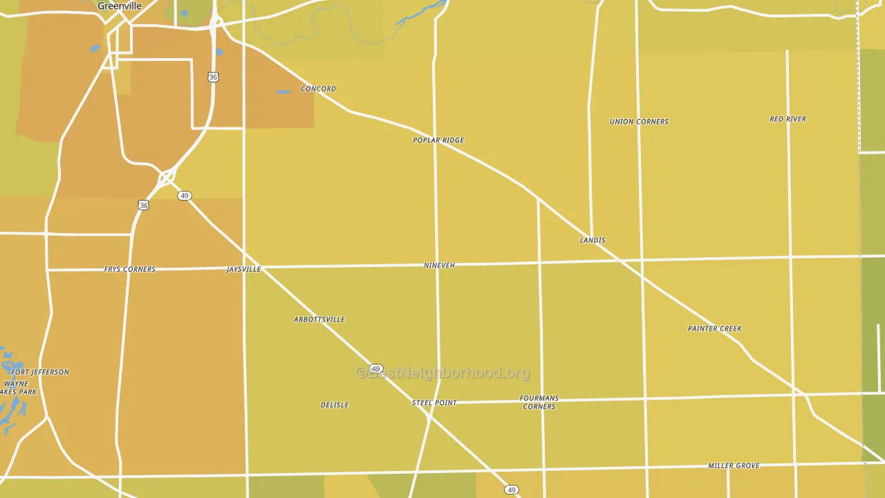 Map of the best neighborhoods in the Gettysburg area, with better matches in green and worse matches in red