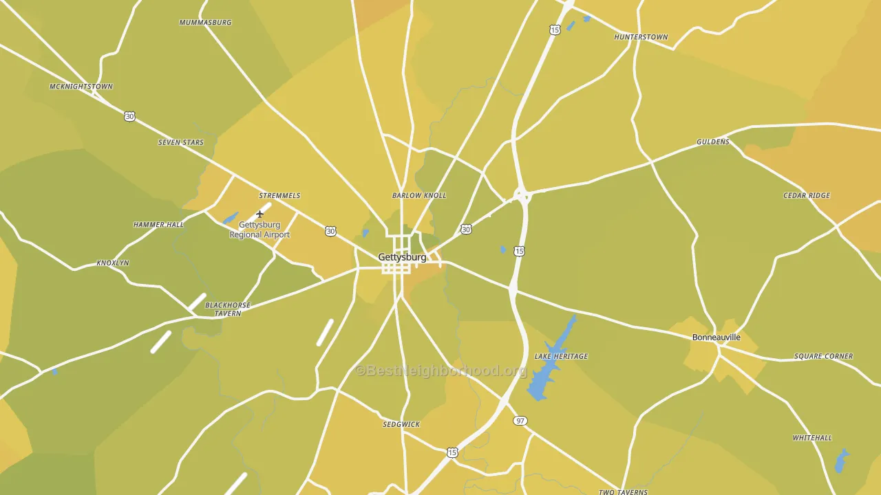 Map of the best neighborhoods in the Gettysburg Metro area, with better matches in green and worse matches in red