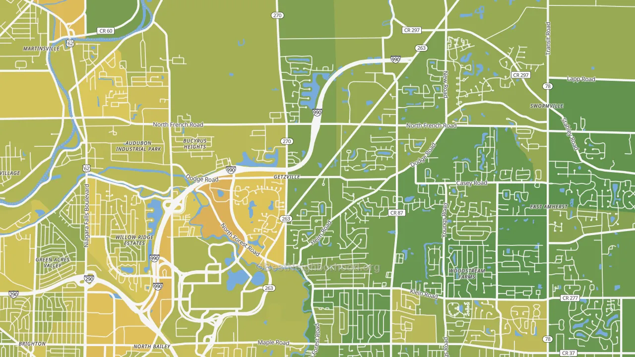 Map of the best neighborhoods in the Getzville area, with better matches in green and worse matches in red