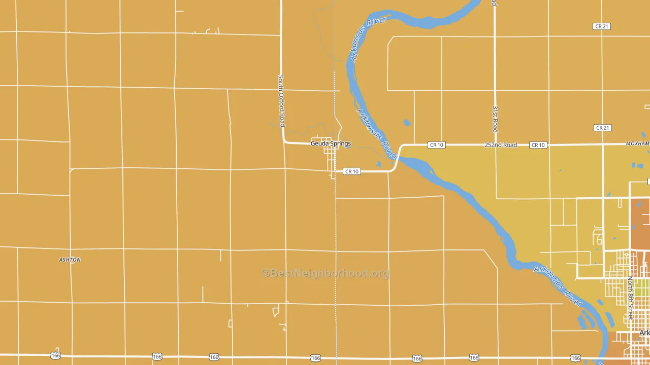 Map of the best neighborhoods in the Geuda Springs area, with better matches in green and worse matches in red