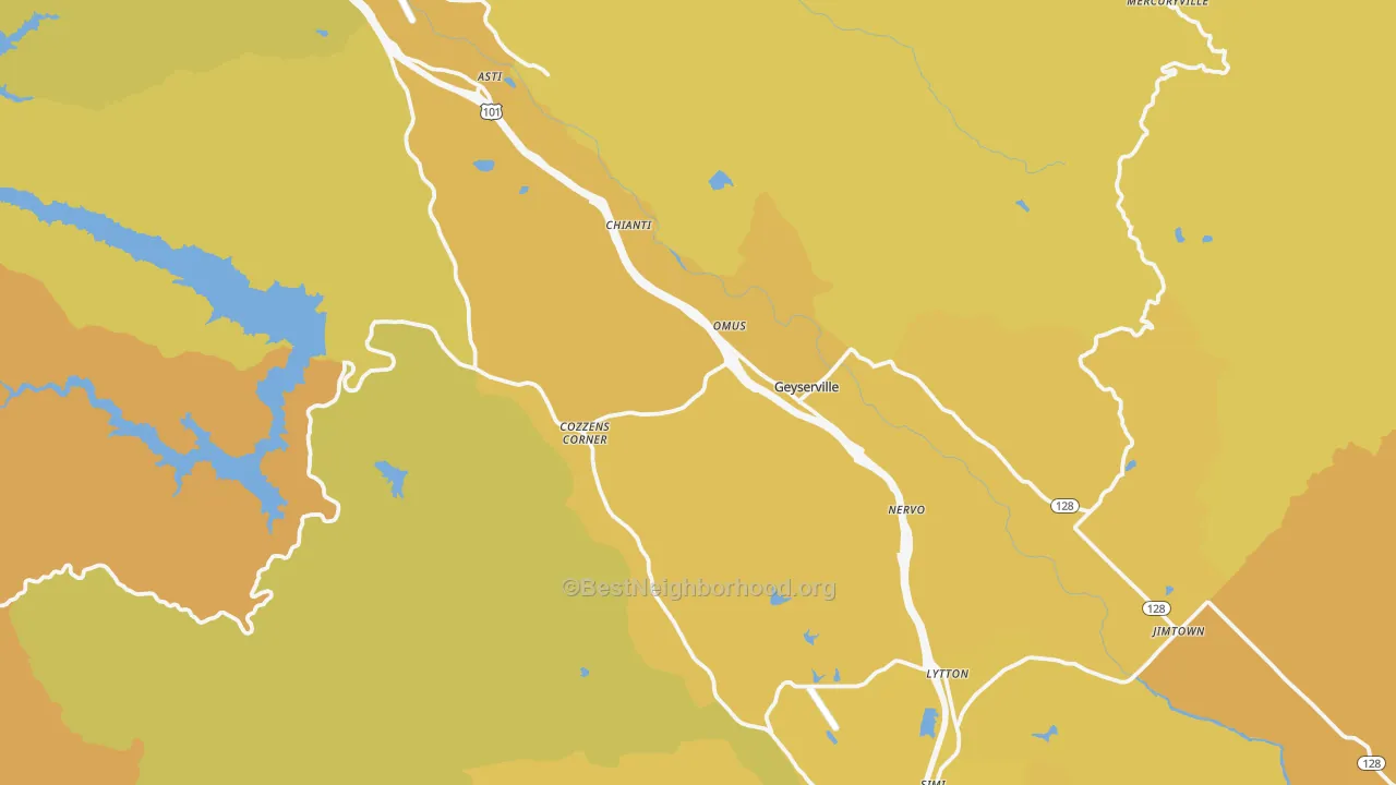Map of the best neighborhoods in the Geyserville area, with better matches in green and worse matches in red
