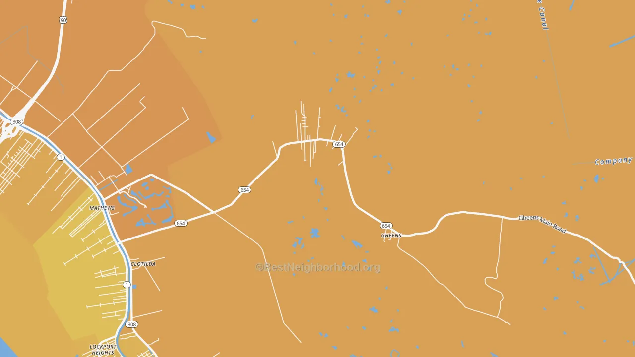 Map of the best neighborhoods in the Gheens area, with better matches in green and worse matches in red