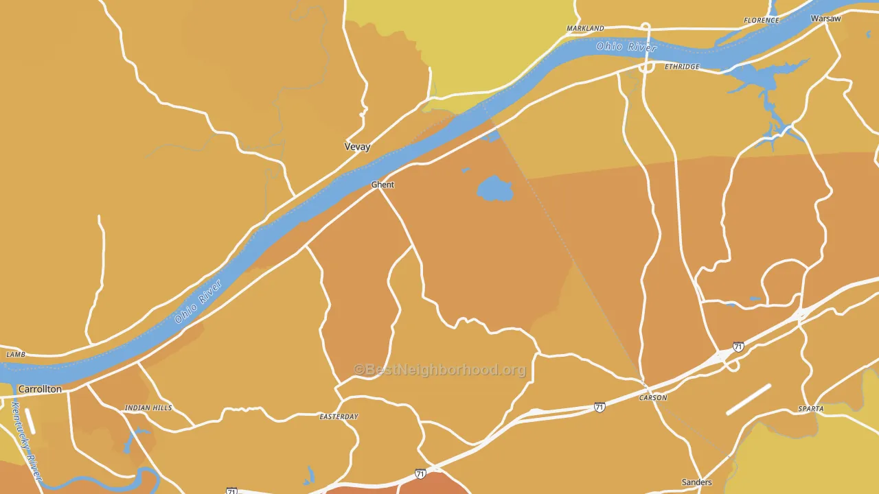 Map of the best neighborhoods in the Ghent area, with better matches in green and worse matches in red