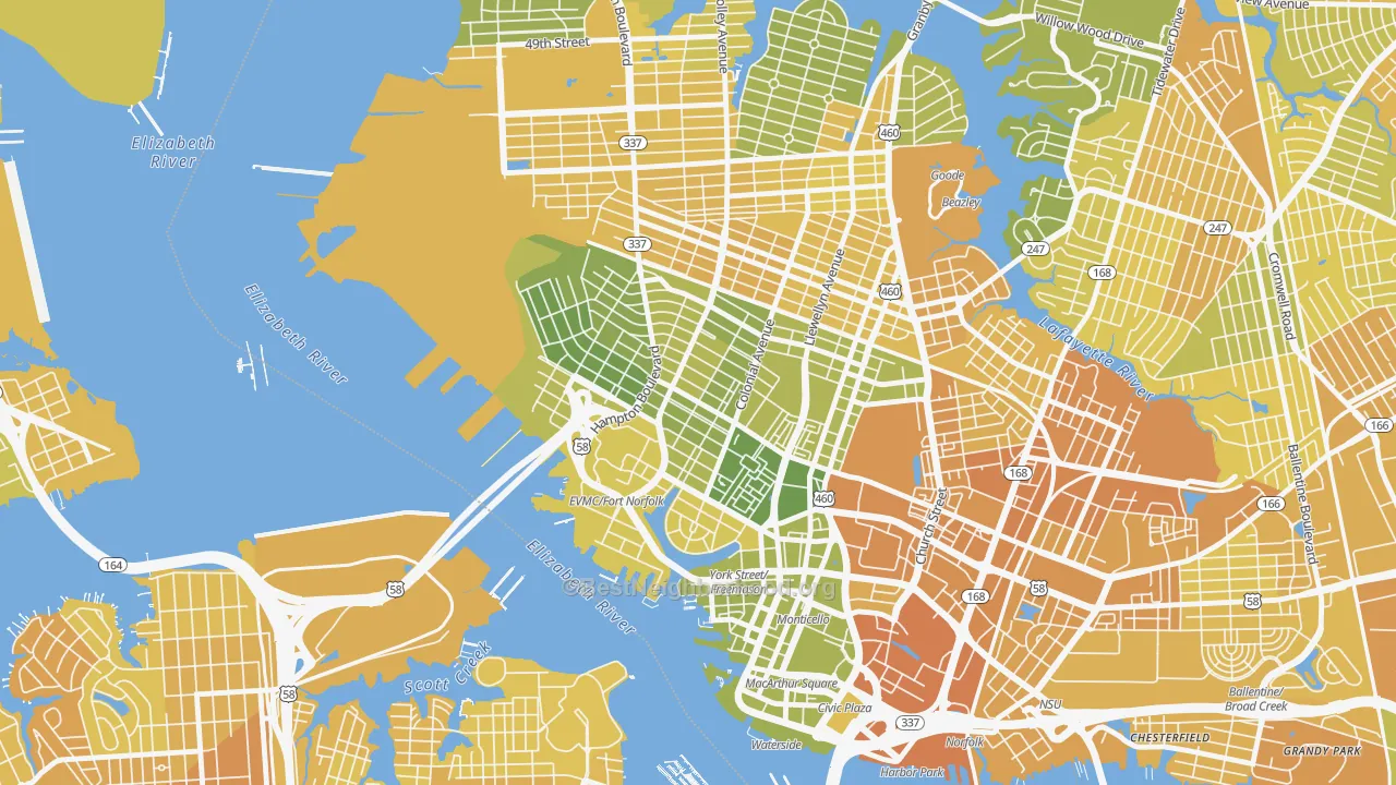 Map of the best neighborhoods in the Ghent, Norfolk area, with better matches in green and worse matches in red