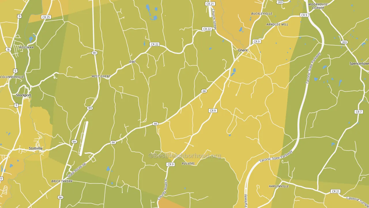 Map of the best neighborhoods in the Ghent area, with better matches in green and worse matches in red