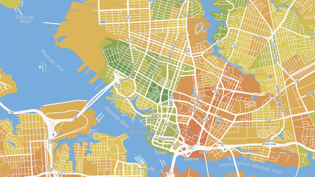 Map of the best neighborhoods in the Ghent Square, Norfolk area, with better matches in green and worse matches in red