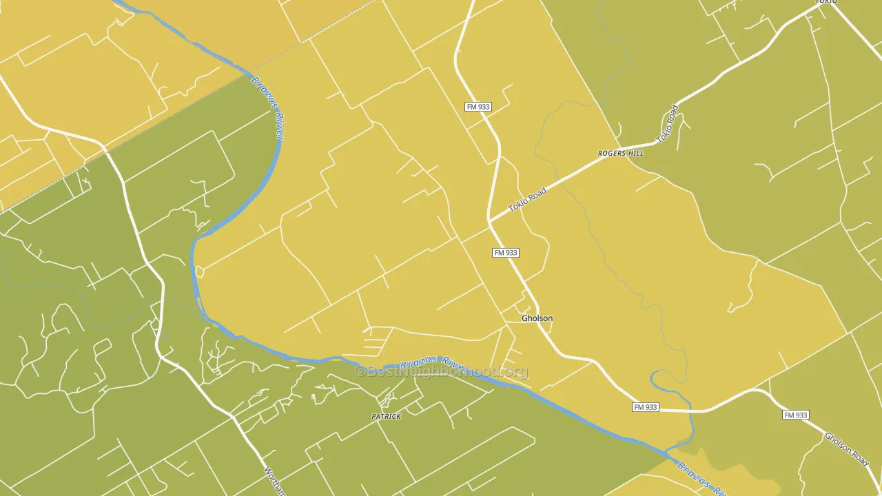 Map of the best neighborhoods in the Gholson area, with better matches in green and worse matches in red