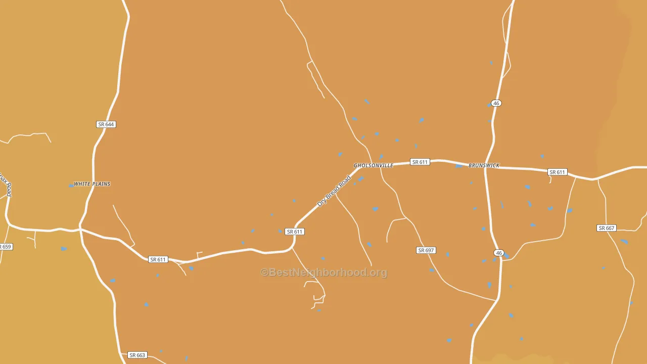 Map of the best neighborhoods in the Gholsonville area, with better matches in green and worse matches in red
