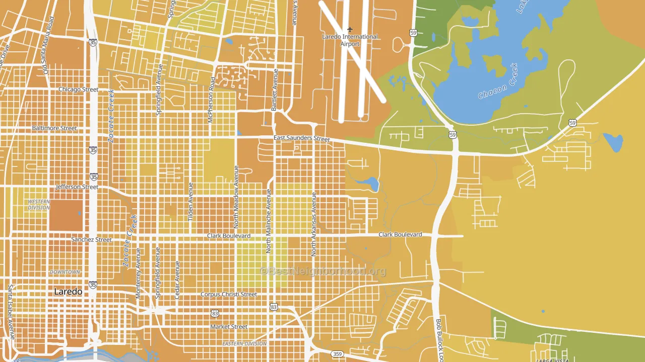 Map of the best neighborhoods in the Ghost Town, Laredo area, with better matches in green and worse matches in red