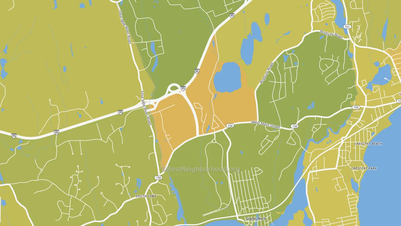 Map of the best neighborhoods in the Giants Neck area, with better matches in green and worse matches in red