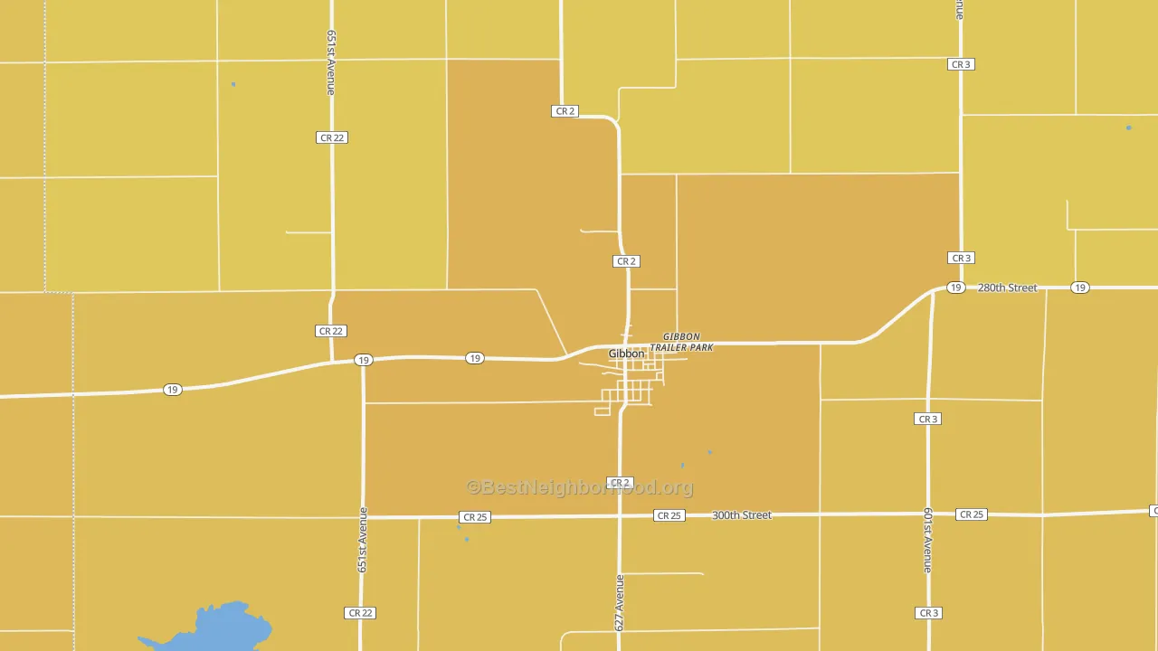 Map of the best neighborhoods in the Gibbon area, with better matches in green and worse matches in red