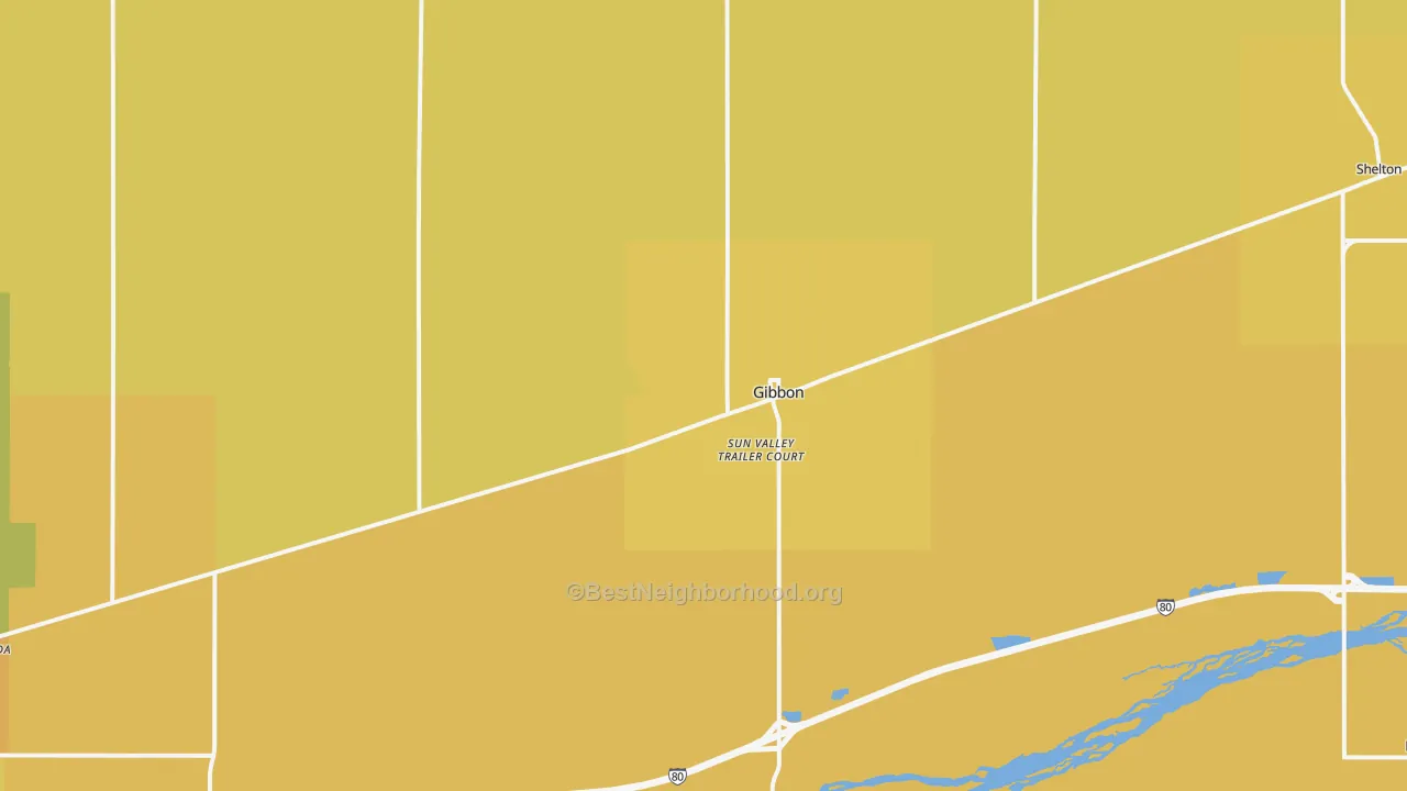 Map of the best neighborhoods in the Gibbon area, with better matches in green and worse matches in red
