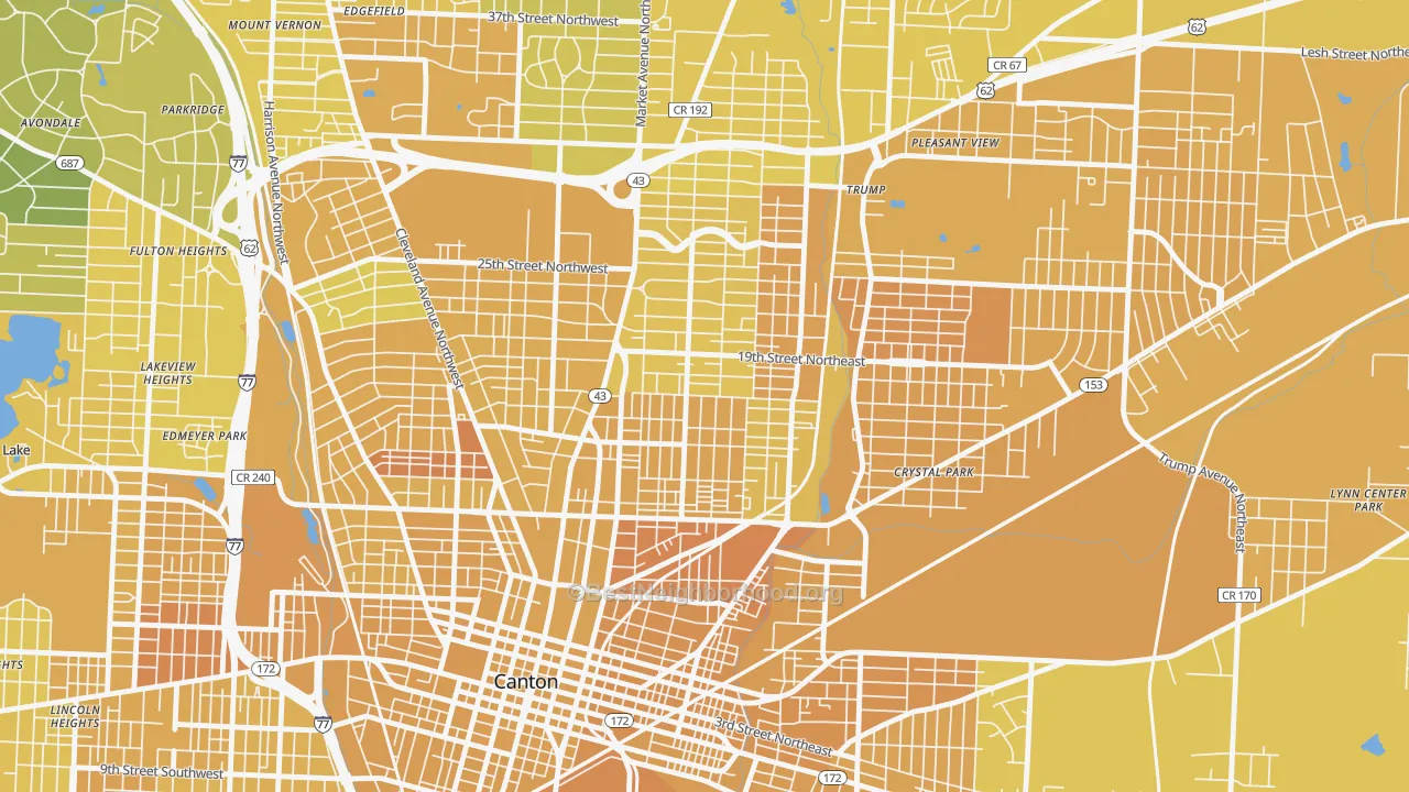 Map of the best neighborhoods in the Gibbs, Canton area, with better matches in green and worse matches in red