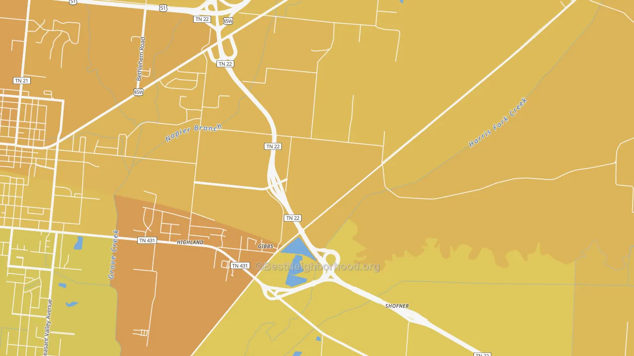 Map of the best neighborhoods in the Gibbs area, with better matches in green and worse matches in red