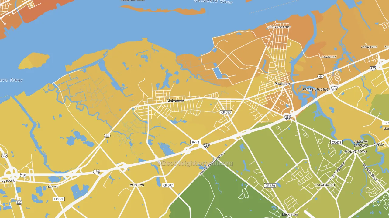 Map of the best neighborhoods in the Gibbstown area, with better matches in green and worse matches in red