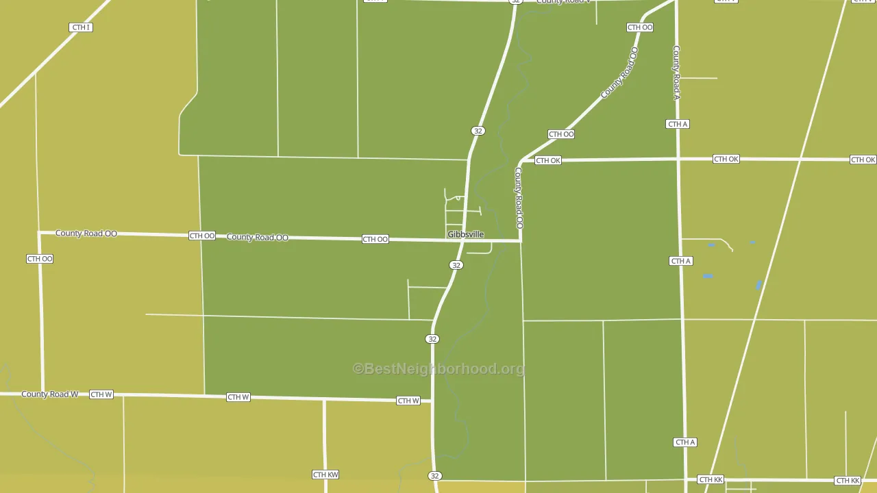 Map of the best neighborhoods in the Gibbsville area, with better matches in green and worse matches in red
