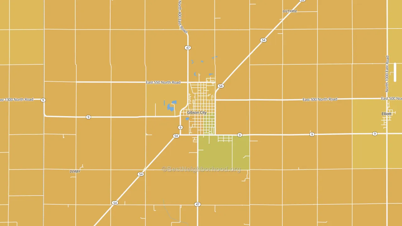 Map of the best neighborhoods in the Gibson City area, with better matches in green and worse matches in red