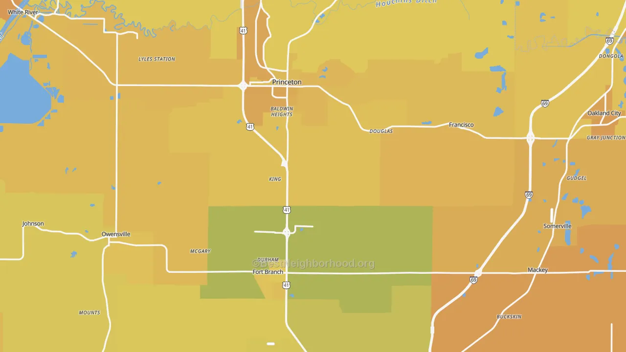Map of the best neighborhoods in the Gibson County area, with better matches in green and worse matches in red