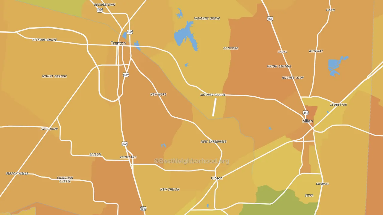 Map of the best neighborhoods in the Gibson County area, with better matches in green and worse matches in red