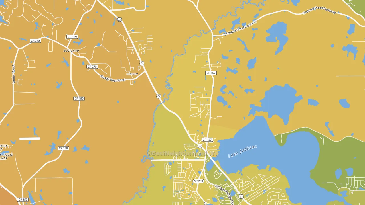 Map of the best neighborhoods in the Gibson area, with better matches in green and worse matches in red